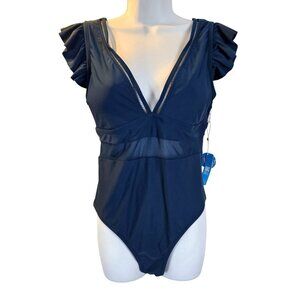 Womens Ruffled Sleeve Teal Blue One-Piece Swimsuit Mesh Paneling Size 16-18